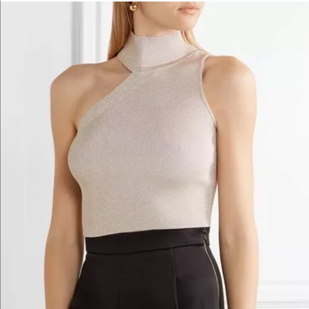 CUSHNIE ET OCHS CUTOUT CROP TOP, METALLIC NUDE S